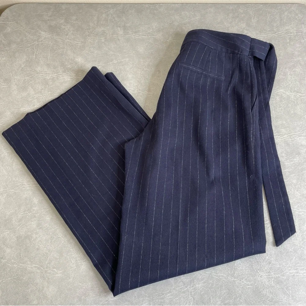 Halogen Navy Pinstriped Wide Leg Trousers with Attached Belt